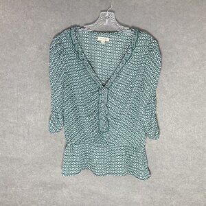 Max Studio Top Women’s‎ Size XL Green Printed Peplum Ruffle Detail V-Neck Blouse